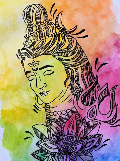 This piece combines watercolor washes with fine-line ink work to create a modern interpretation of Lord Shiva, blending color and form in a serene composition.