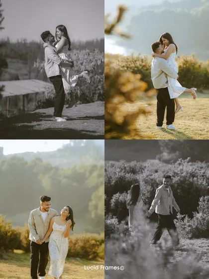 A collage mixing color and black-and-white shots, showing a variety of poses from a joyful lift to a playful walk.