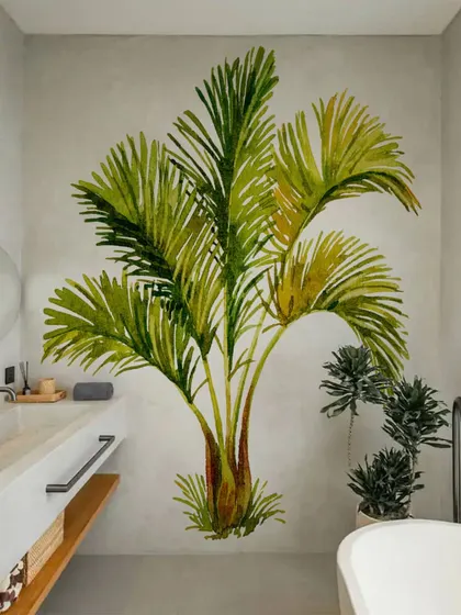 Our Palm Tree wall sticker adds a touch of the tropics to this modern bathroom. The design is a simple yet effective way to create a relaxing and spa-like atmosphere.