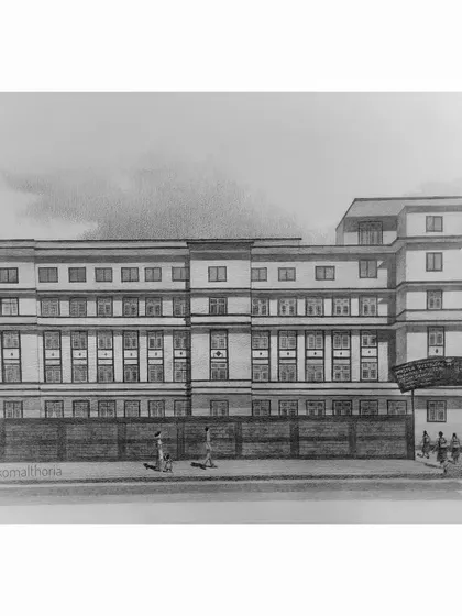 An architectural sketch of Tutorial High School in Mumbai, drawn in a formal one-point perspective for the HDFC Legacy Center project.