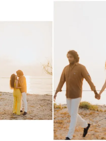 A diptych showing two sides of a beach romance: a tender kiss at sunset and a candid walk along the shore, capturing both intimacy and movement.