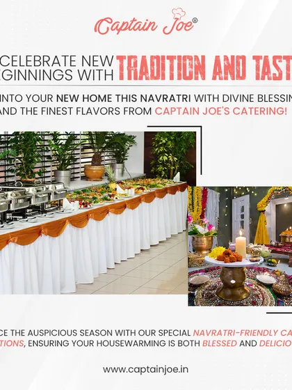 Celebrate new beginnings with tradition and taste. This image showcases my Navratri-friendly catering options for a housewarming, featuring a traditional puja setup alongside an elegant buffet line, ensuring your event is both blessed and delicious.