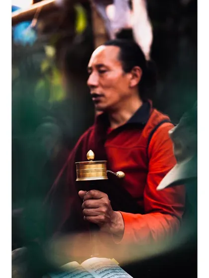 A monk holds a prayer wheel while reading from a scripture. I captured this moment through foliage to create a sense of quiet observation, highlighting his focused and disciplined spiritual practice.