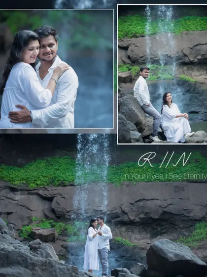 A beautifully composed collage from the waterfall photoshoot. It combines a wide shot of the couple, an intimate close-up, and a seated portrait, creating a summary of their romantic and scenic maternity session.