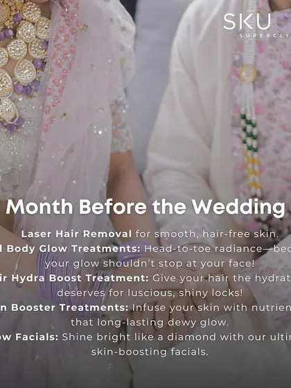 With just one month to go, it's all about the finishing touches. Our plan includes final laser hair removal sessions, full-body glow treatments for head-to-toe radiance, and skin booster treatments to infuse your skin with nutrients for a long-lasting dewy glow.