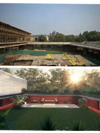 A before and after comparison of the main courtyard at our Khwabgah project in Delhi. What was once a construction site is transformed into a serene green space, the public heart of this multi generational home.