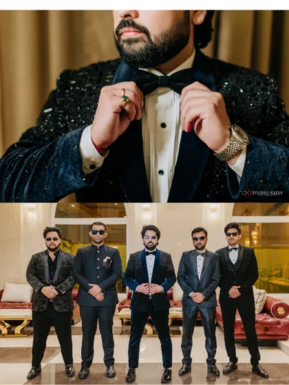 A collage showing the groom getting ready, adjusting his bow tie, and posing with his groomsmen.
