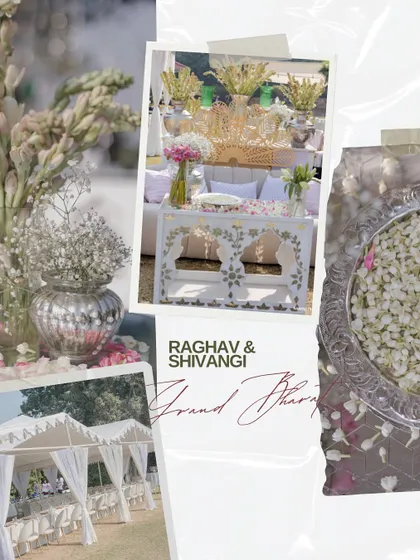 A collage of the minimal-luxe Haldi decor at ITC Grand Bharat. We used white florals, tuberoses, and elegant silver vessels for a chic and subtle vibe.