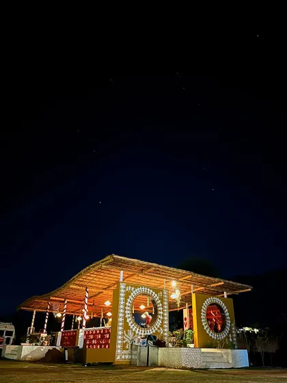 A night shot of the Warli art hut. The artwork looks just as stunning under the stars, creating a magical ambiance for the outdoor space.
