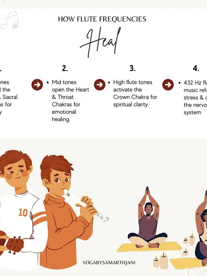 An infographic explaining how different flute frequencies can heal, from grounding low tones to spiritually activating high tones.