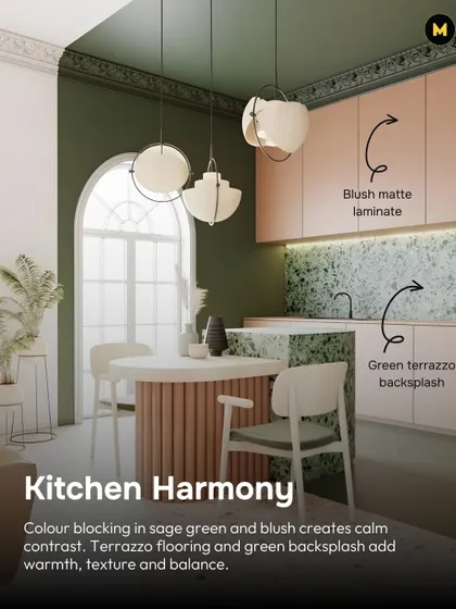 This kitchen demonstrates beautiful color harmony. Colour blocking in sage green and blush creates a calm contrast, while the green terrazzo backsplash and fluted island add warmth, texture, and balance.