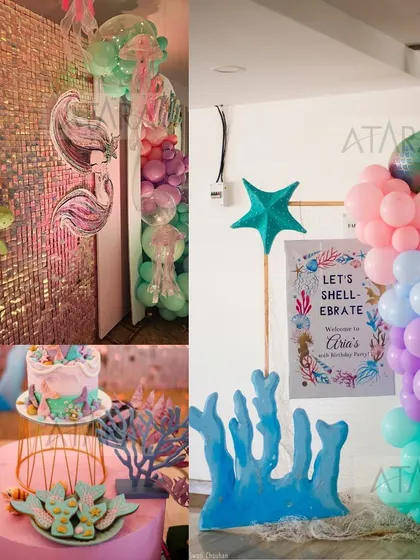 A collage of our mermaid party decor, showing a sequin backdrop with a turtle accent, a custom cake, and a balloon arrangement with a "Let's Shell-ebrate" sign.