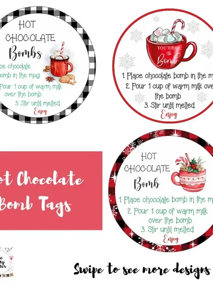 A variety of our hot chocolate bomb tag designs, from rustic chalkboard to festive plaid.
