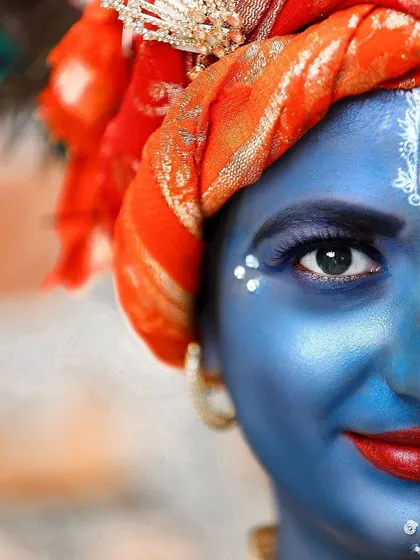 A close-up, artistic portrait of a person in Krishna makeup, focusing on the eye and intricate details of the costume. This is great for cultural and festival photography.