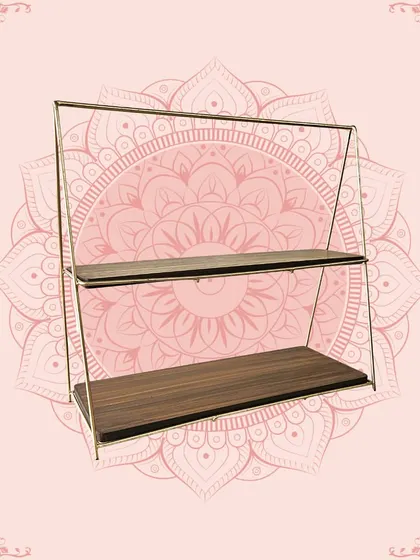 A two-tiered serving stand with a gold frame and wooden shelves. It's a stylish and practical piece for serving high tea or displaying small decorative items.