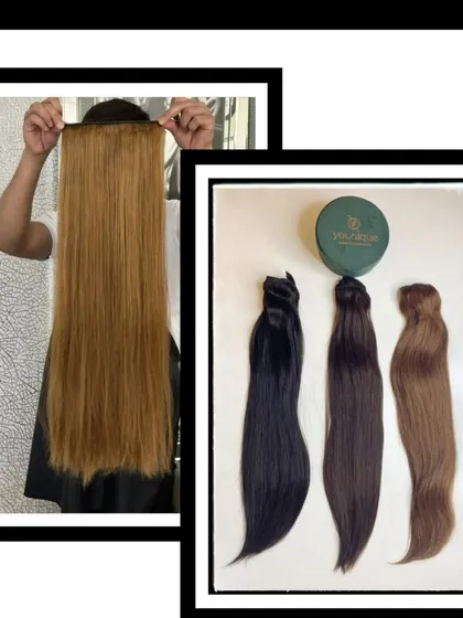 This collage shows the variety I offer. From different shades of straight hair to a full, long clip-in piece, I have options for every need.