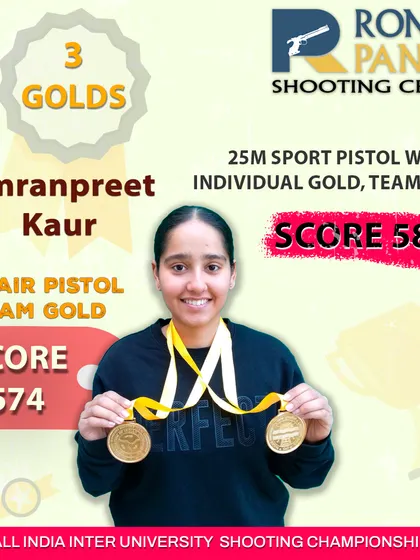 A triple gold haul for Simranpreet Kaur at the All India Inter University Shooting Championship. Her individual and team golds in 25m Sport Pistol and team gold in 10m Air Pistol underscore her versatility and excellence.