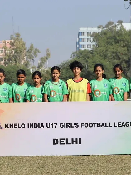 The Juba Sangha team line-up for the Khelo India U17 Girl's Football League, featuring our player Tanya.