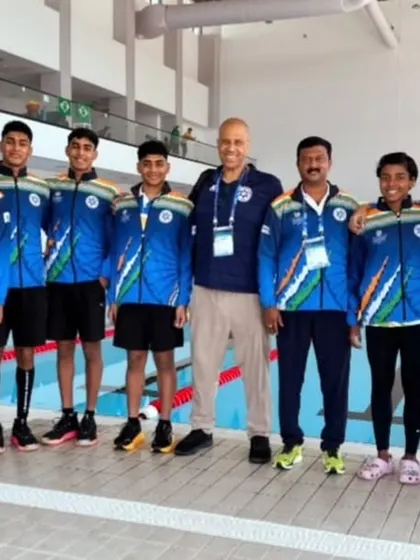 Our swimmers representing Team India at the World Aquatic Junior Swimming Championship in Romania. This group photo captures the pride and excitement of competing on an international stage.