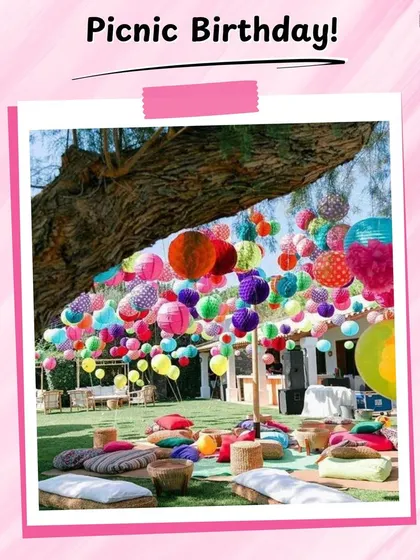 This graphic highlights my "Picnic Birthday" concept, featuring a colorful setup with paper lanterns and low seating. I can make any outdoor space feel like a party.