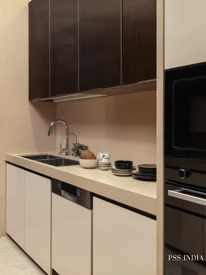 This view shows the seamless integration of appliances in a modern kitchen. The built-in oven and dishwasher blend perfectly with the sleek cabinetry for a clean, high-end look.