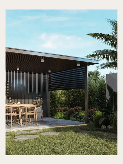This render details a covered outdoor dining area, showing the modern slatted wall design and its integration with the surrounding lawn and plants.