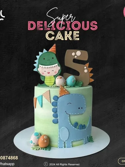 A roaring good time for a 5th birthday! This dinosaur-themed cake features two cute dino characters, dinosaur eggs, and a festive party banner for a fun and playful celebration.
