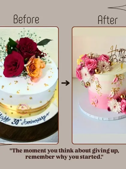 This before-and-after collage is a reminder to myself that when you feel like giving up, remember why you started. My passion for creating beautiful floral cakes has only grown over the years.