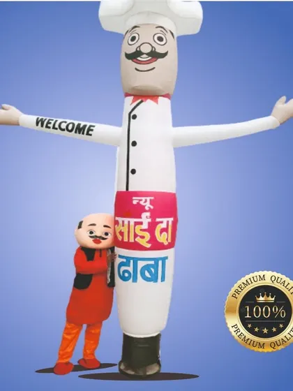The chef air dancer is one of our best-selling items for restaurants, dhabas, and food stalls. Here you can see a custom design for 'New Sai Da Dhaba'. I can create a similar one for your food business to welcome customers. This image also shows one of our walking mascot costumes.