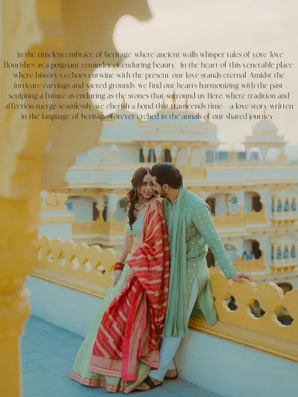 A poetic image of the couple on a palace balcony, overlaid with text about their love story.