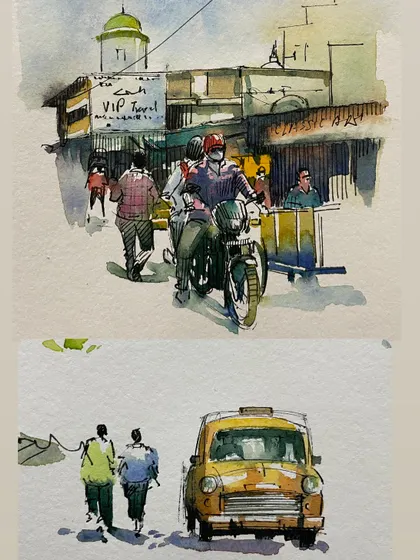 Two small illustration studies, one of a street scene and another of a taxi, showing how to capture urban life.