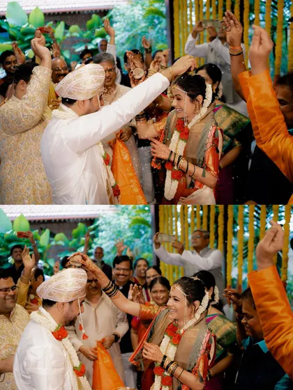 The playful and joyous Jeerige Bella ritual during Anusha and Rohan's monsoon wedding. The laughter and energy are perfectly captured.