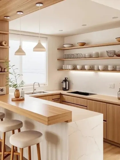 This kitchen features a light wood finish and a practical breakfast bar that separates the cooking area from the living space. The open shelving provides easy access to everyday items and adds a decorative touch.
