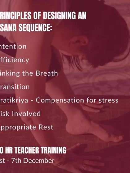 This graphic outlines the core principles of designing an asana sequence, a key component of my teacher training. We learn to craft sessions with intention, efficiency, and safety.