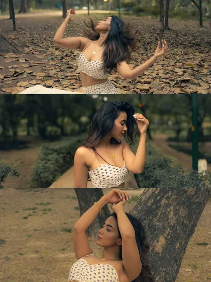 This collage showcases dynamic and serene poses within a natural, wooded setting. I guide my clients into poses that feel natural to them, capturing their essence whether it's in motion or in stillness.