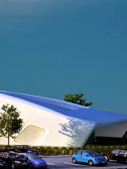 Another view of the Bodh Gaya Cultural Centre concept, emphasizing its sleek, futuristic lines.