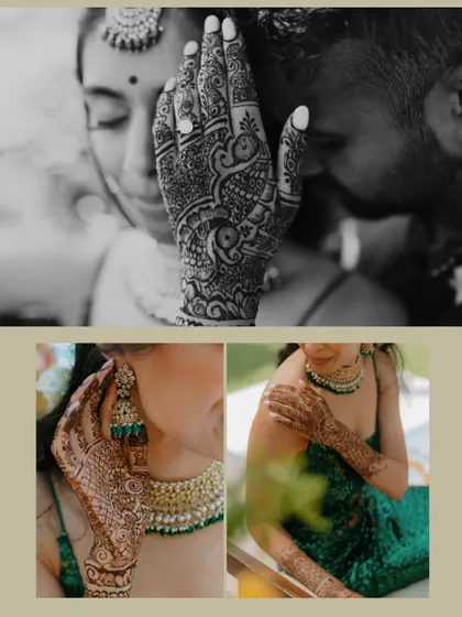 A collage focusing on the beautiful details of a bride's Mehendi in Sri Lanka. The black and white close-up of her hand on his face is particularly tender and artistic.