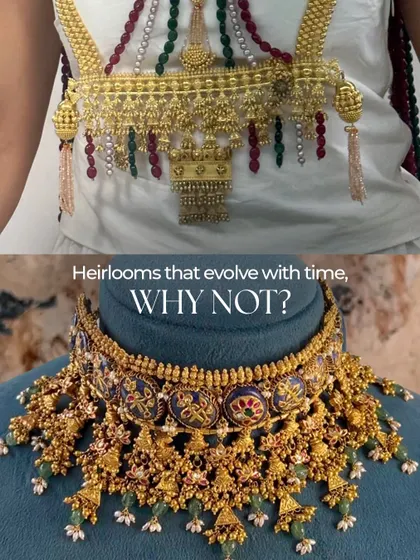 Heirlooms evolve with time. This before-and-after shows a traditional kamarpatta transformed into a magnificent statement necklace, showcasing how we can adapt heritage pieces for a modern aesthetic.
