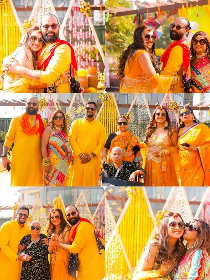 More beautiful moments with family at the Haldi. This collage captures the hugs, kisses, and group photos with parents and grandparents, showing the importance of family bonds.