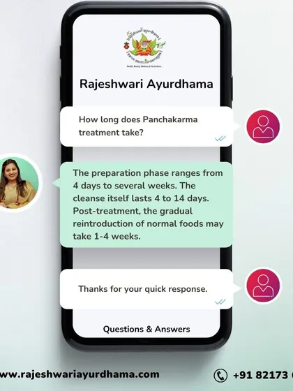 The full Panchakarma process has three stages. Preparation can take 4 days to several weeks, the main cleanse lasts 4 to 14 days, and the post-treatment restoration phase can take 1 to 4 weeks, depending on your individual needs.