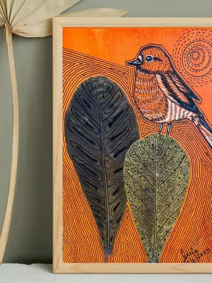 From the "VIBING with NATURE" exhibition, this series by Puja Kumari uses preserved dried leaves as a central element. Her unique style combines delicate ink drawings of birds with the natural texture of the leaves, creating beautiful, eco-friendly art.