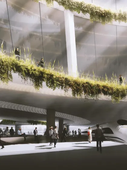 A dramatic view from the platform level, showcasing the scale of the concourse above and the integration of hanging gardens.
