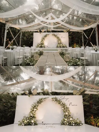 A collage of an elegant all-white wedding reception under a transparent tent. The setup looks stunning against the dark night sky and green surroundings.