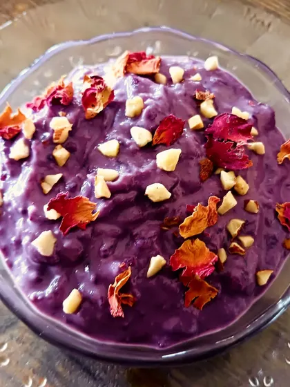 A royal purple dessert made from a blend of wild rice and black carrots. This unique kheer is as beautiful as it is delicious.