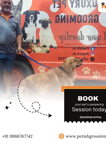 A happy customer and his freshly groomed Golden Retriever posing proudly in front of my van. Book your pet's pampering session today!
