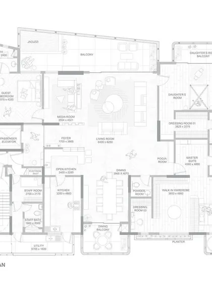 The ground floor plan for the Quintessence project. This architectural drawing illustrates how we combined two apartments and designed the layout to maximize space, light, and the stunning views of Jakkur Lake.