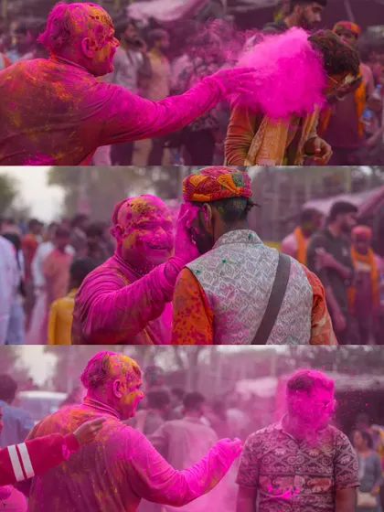 A comprehensive photo series from Lathmaar Holi in Barsana. These images document the unique tradition where women playfully hit men with sticks, recreating a legend of Lord Krishna and Radha. The photos are filled with motion, color, and raw emotion.