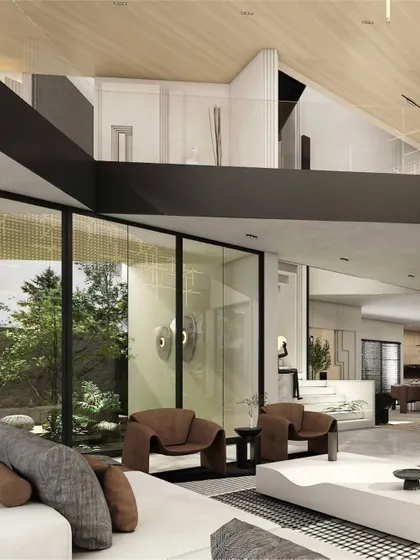 This upper-level living area overlooks a courtyard through expansive glass facades. The composition of black steel frames, warm white walls, and a sloped wood ceiling creates a harmonious dialogue between structural precision and residential comfort.