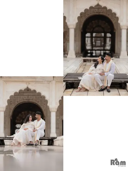 A collage showing the couple relaxing within the beautiful architecture of a historic monument. The reflection in the water adds a creative and symmetrical element to this serene pre-wedding scene.