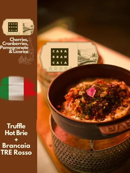 A visual guide to pairing our Truffle Hot Brie with Brancaia TRE Rosso. This image highlights the tasting notes of both the dish and the wine, illustrating why they work so well together.